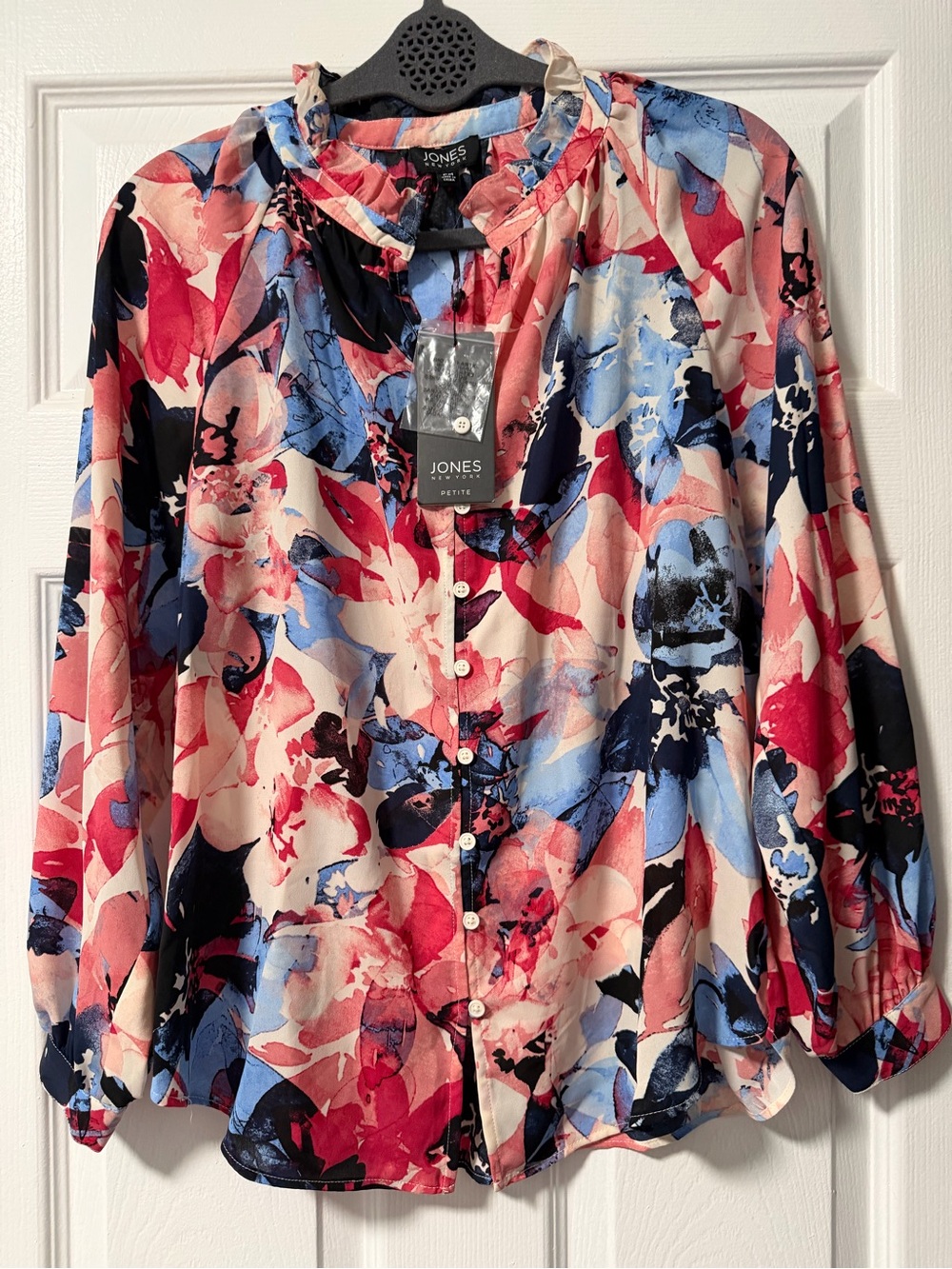 Jones New York Petite PM Floral Button Front Blouse Fresh Guava Multi NWT